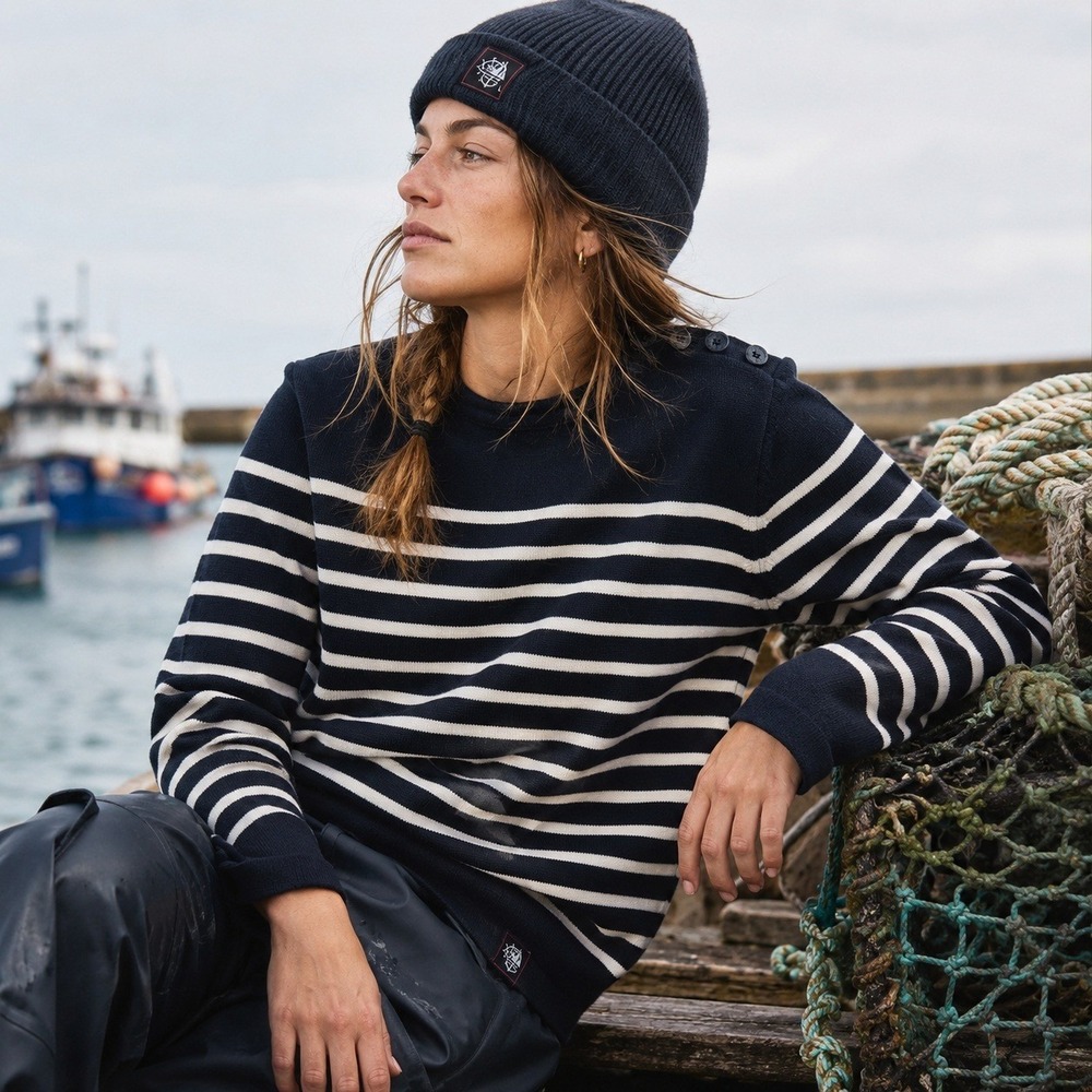 Fisherman Breizh Ocean Stripe Nautical Sweater Women L Navy/wht Cotton Mariniere